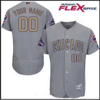 Men's Chicago Cubs Gray Road 2016 World Series Champions Patch Gold Program Majestic 2017 Flex Base Custom Baseball Jersey