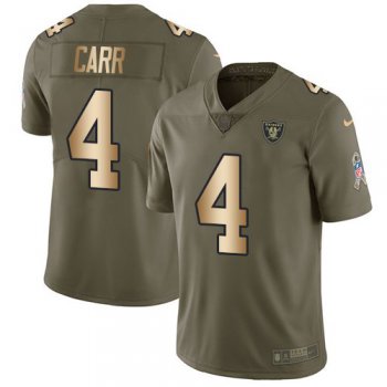 Youth Nike Oakland Raiders 4 Derek Carr Olive Gold Stitched NFL Limited 2017 Salute to Service Jersey