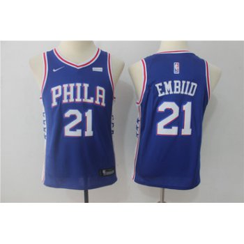 Nike 76ers 21 Joel Embiid Blue Youth Nike Swingman Jersey