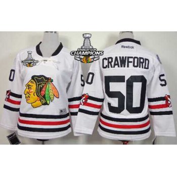 Chicago Blackhawks #50 Corey Crawford 2015 Winter Classic White Kids Jersey W/2015 Stanley Cup Champion Patch