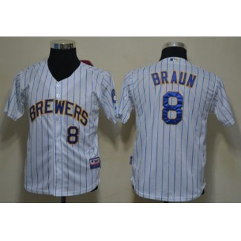 Milwaukee Brewers #8 Ryan Braun White Pinstripe Kids Jersey