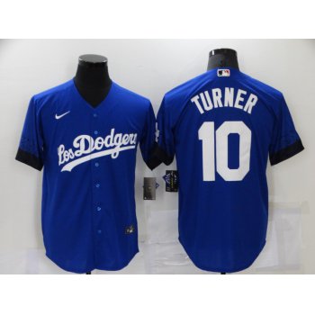 Men's Los Angeles Dodgers #10 Justin Turner Blue 2021 City Connect Cool Base Stitched Jersey