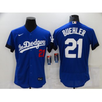 Men's Los Angeles Dodgers #21 Walker Buehler Blue 2021 City Connect Flex Base Stitched Jersey