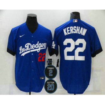 Men's Los Angeles Dodgers #22 Clayton Kershaw Blue #2 #20 Patch City Connect Number Cool Base Stitched Jersey