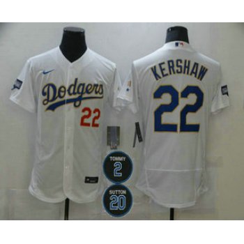 Men's Los Angeles Dodgers #22 Clayton Kershaw White Gold #2 #20 Patch Stitched MLB Flex Base Nike Jersey