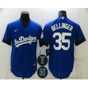 Men's Los Angeles Dodgers #35 Cody Bellinger Blue #2 #20 Patch City Connect Cool Base Stitched Jersey