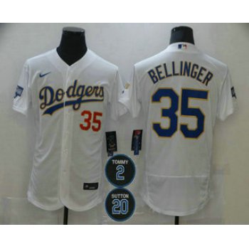 Men's Los Angeles Dodgers #35 Cody Bellinger White Gold #2 #20 Patch Stitched MLB Flex Base Nike Jersey