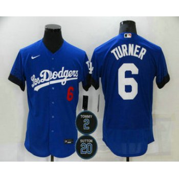 Men's Los Angeles Dodgers #6 Trea Turner Blue #2 #20 Patch City Connect Flex Base Stitched Jersey