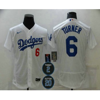 Men's Los Angeles Dodgers #6 Trea Turner White #2 #20 Patch Stitched MLB Flex Base Nike Jersey