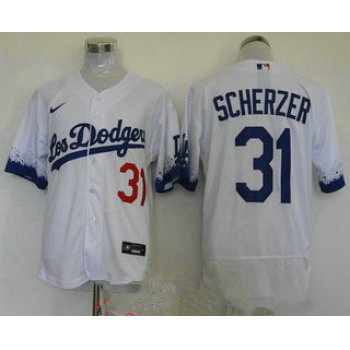 men's los angeles dodgers #31 max scherzer white 2021 city connect flex base stitched jersey