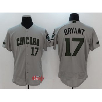 Men's Chicago Cubs #17 Kris Bryant Gray With Green Memorial Day Stitched MLB Majestic Flex Base Jersey