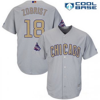 Men's Chicago Cubs #18 Ben Zobrist Gray World Series Champions Gold Stitched MLB Majestic 2017 Cool Base Jersey