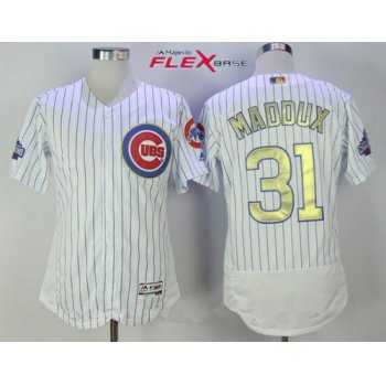 Men's Chicago Cubs #31 Greg Maddux White World Series Champions Gold Stitched MLB Majestic 2017 Flex Base Jersey