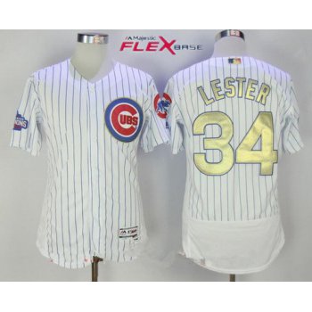 Men's Chicago Cubs #34 Jon Lester White World Series Champions Gold Stitched MLB Majestic 2017 Flex Base Jersey