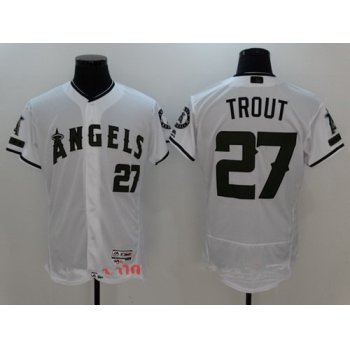 Men's Los Angeles Angels Of Anaheim #27 Mike Trout White with Green Memorial Day Stitched MLB Majestic Flex Base Jersey