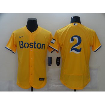 Men's Boston Red Sox #2 Xander Bogaerts Gold 2021 City Connect Stitched MLB Flex Base Nike Jerseys