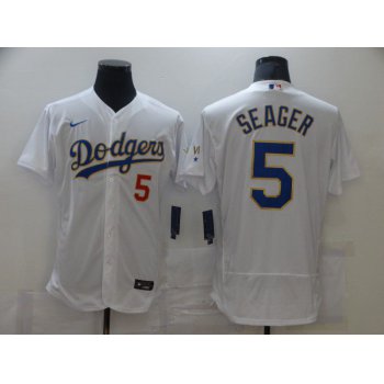 Men Los Angeles Dodgers 5 Swager Champion of white gold and blue characters Elite 2021 Nike MLB Jersey