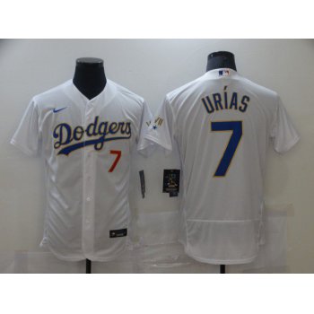 Men Los Angeles Dodgers 7 Urias Champion of white gold and blue characters Elite 2021 Nike MLB Jersey