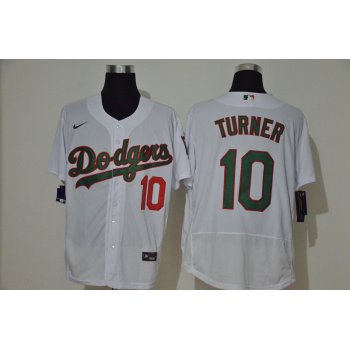 Men's Los Angeles Dodgers #10 Justin Turner White With Green Name Stitched MLB Flex Base Nike Jersey