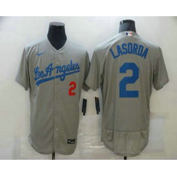 Men's Los Angeles Dodgers #2 Tommy Lasorda Grey Stitched MLB Flex Base Nike Jersey