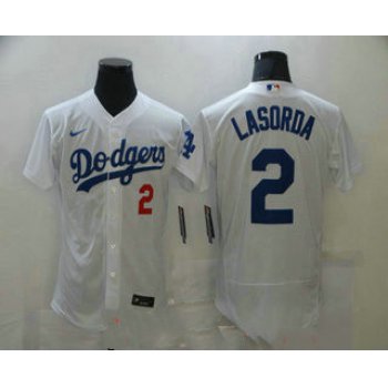 Men's Los Angeles Dodgers #2 Tommy Lasorda White Stitched MLB Flex Base Nike Jersey