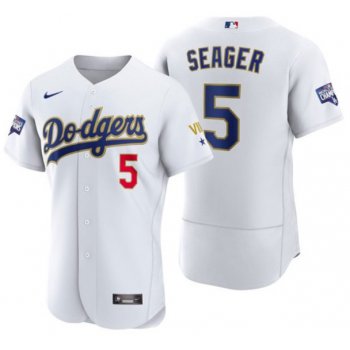 Men's Los Angeles Dodgers #5 Corey Seager White Gold Championship Flex Base Sttiched MLB Jersey