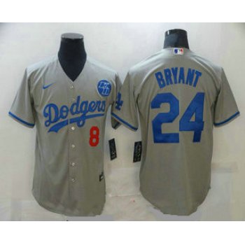 Men's Los Angeles Dodgers #8 #24 Kobe Bryant Grey KB Patch Stitched MLB Cool Base Nike Jersey