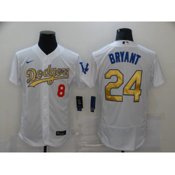 Men's Los Angeles Dodgers #8 #24 Kobe Bryant White Gold Sttiched Nike MLB Flex Base Jersey