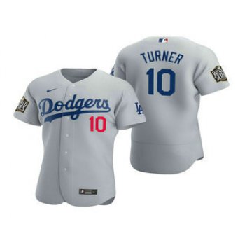 Men's Los Angeles Dodgers #10 Justin Turner Gray 2020 World Series Authentic Flex Nike Jersey