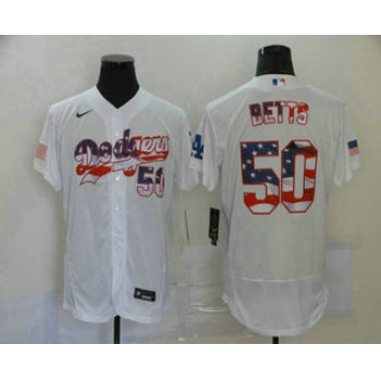 Men's Los Angeles Dodgers #50 Mookie Betts White USA Flag Stitched MLB Flex Base Nike Jersey