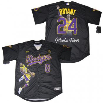 Men's Los Angeles Dodgers #8 #24 Kobe Bryant Black With KB Patch Cool Base Stitched MLB Fashion Jersey