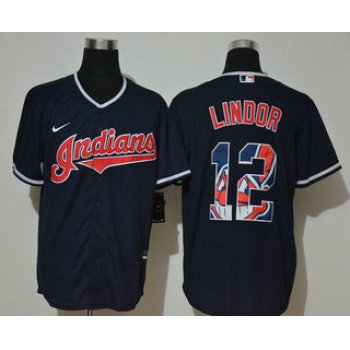 Men's Cleveland Indians #12 Francisco Lindor Navy Blue Team Logo Stitched MLB Cool Base Nike Jersey