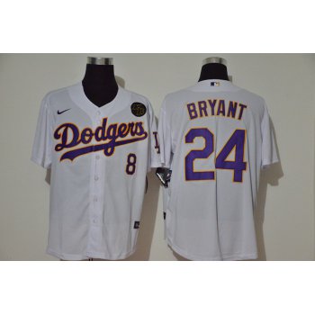 Men's Los Angeles Dodgers #24 Kobe Bryant White KB Patch Stitched MLB Cool Base Nike Jersey With front Number 8