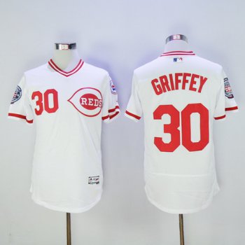 Size 5XL Men's Cincinnati Reds #30 Ken Griffey Jr Retired White Pullover 2016 Flexbase Majestic Baseball Jersey