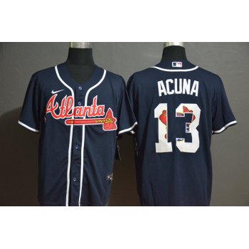 Men's Atlanta Braves #13 Ronald Acuna Jr. Navy Blue Team Logo Stitched MLB Cool Base Nike Jersey