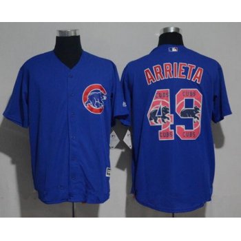 Men's Chicago Cubs #49 Jake Arrieta Royal Blue Team Logo Ornamented Stitched MLB Majestic Cool Base Jersey