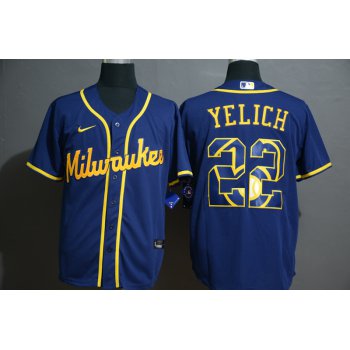 Men's Milwaukee Brewers #22 Christian Yelich Blue White Team Logo Stitched MLB Cool Base Nike Jersey