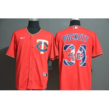 Men's Minnesota Twins #34 Kirby Puckett Red White Team Logo Stitched MLB Cool Base Nike Jersey