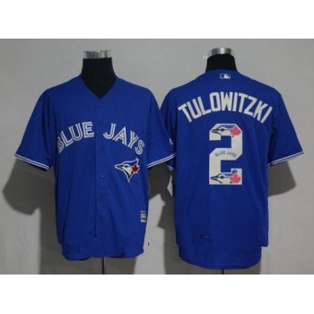 Men's Toronto Blue Jays #2 Troy Tulowitzki Royal Blue Team Logo Ornamented Stitched MLB Majestic Cool Base Jersey