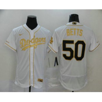 Men's Los Angeles Dodgers #50 Mookie Betts White With Gold Stitched MLB Flex Base Nike Jersey