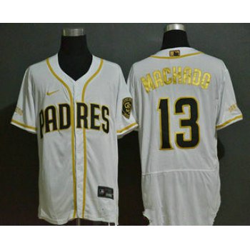 Men's San Diego Padres #13 Manny Machado White Golden Stitched MLB Flex Base Nike Jersey