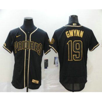 Men's San Diego Padres #19 Tony Gwynn Black With Gold Stitched MLB Flex Base Nike Jersey