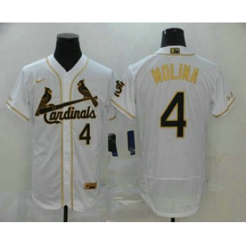 Men's St. Louis Cardinals #4 Yadier Molina White With Gold Stitched MLB Flex Base Nike Jersey