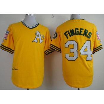 Oakland Athletics #34 Rollie Fingers 1976 Yellow Throwback Jersey