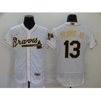 Men's Atlanta Braves #13 Ronald Acuna Jr. White With Gold Stitched MLB Flex Base Nike Jersey