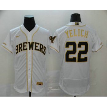 Men's Milwaukee Brewers #22 Christian Yelich White With Gold Stitched MLB Flex Base Nike Jersey