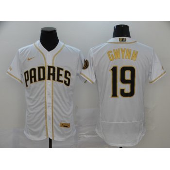 Men's San Diego Padres #19 Tony Gwynn White With Gold Stitched MLB Flex Base Nike Jersey