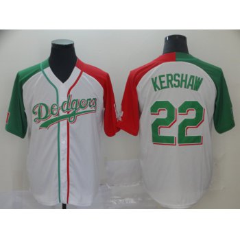 Dodgers #22 Clayton Kershaw White Red Green Split Cool Base Stitched Baseball Jersey