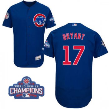 Men's Chicago Cubs #17 Kris Bryant Royal Blue Majestic Flex Base 2016 World Series Champions Patch Jersey