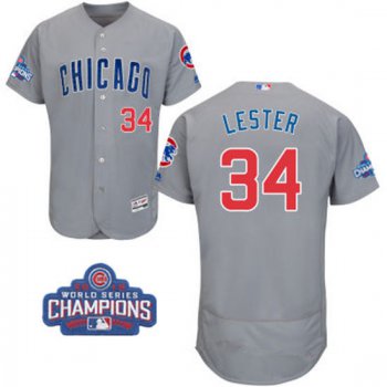 Men's Chicago Cubs #34 Jon Lester Gray Road Majestic Flex Base 2016 World Series Champions Patch Jersey